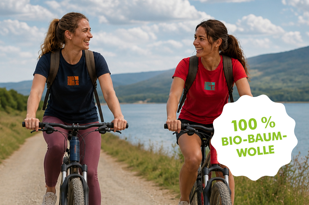 Zwei Frauen tragen T-Shirts mit Logos der Pommerschen Diakonie