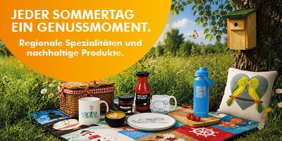 Auswahl von Sommer-Produkten von shopodi. Ketchup, Gedecke, Tassen, Kissen, Brett, Decke